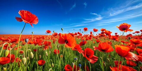 Obraz premium A vibrant field of scarlet poppies, stretching out towards a brilliant blue sky with wispy white clouds, captures the essence of summer's beauty.