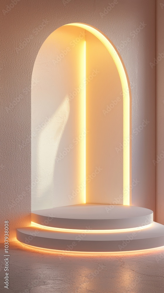 Poster soft light illuminated empty podium in minimalist setting