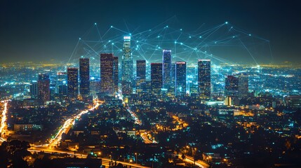 Fototapeta premium Network and connection technology concept with Downtown Los Angeles at night. 
