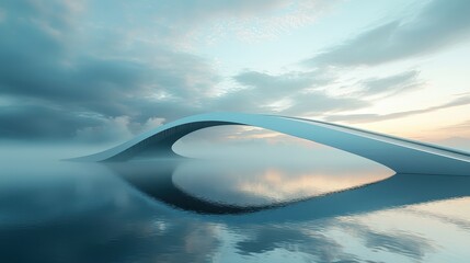Futuristic Curved Bridge Over Calm Lake