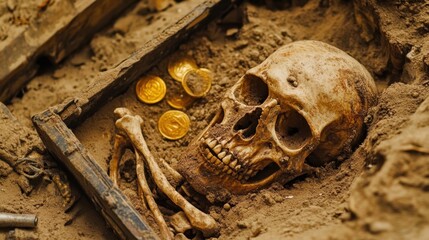 Fototapeta premium Buried skeleton unearthed with a treasure chest nearby, revealing golden doubloons and precious jewels beneath the dirt