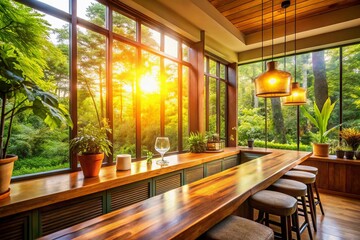 Fototapeta premium Sunlight dances on a wooden bar counter, highlighting a beautiful garden view through the window—an inspiring scene for
