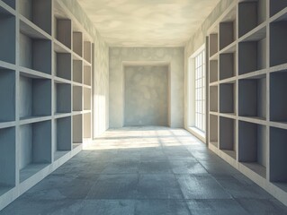 Obraz premium Minimalistic 3D Room with Empty Shelving and Natural Light