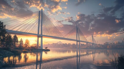 Obraz premium Modern Suspension Bridge at Sunset in 3D Perspective