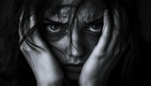 Dark, intense depiction of a woman overwhelmed by paranoia and distress.