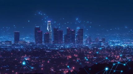 Obraz premium Network and connection technology concept with Downtown Los Angeles at night. 