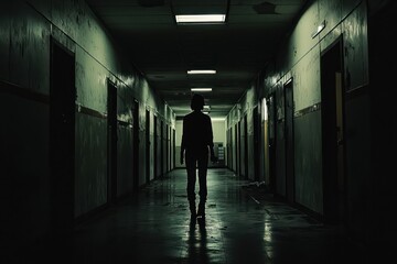 Fear and anticipation are evoked by a silhouette in a dark, abandoned hallway.