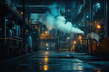 Misty Industrial Factory Exterior at Night with Smoky Atmosphere
