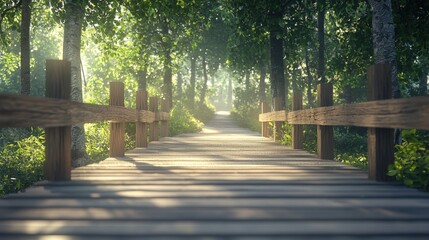 Obraz premium Serene Wooden Bridge in Lush Forest Environment