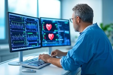 Healthcare Professional Analyzing Patient Heart Data on Dual Monitors
