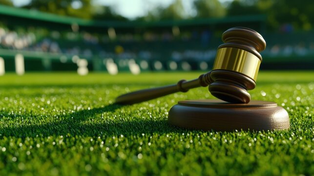 Close-up of a gavel on a stadium lawn, symbolizing the intersection of sports, law, and ethics. Ideal for legal blogs or sports arbitration concepts