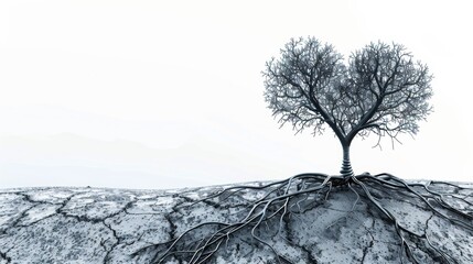 a heart-shaped tree rooted in a barren landscape, with branches extending into the sky and forming intricate patterns reminiscent of neural networks