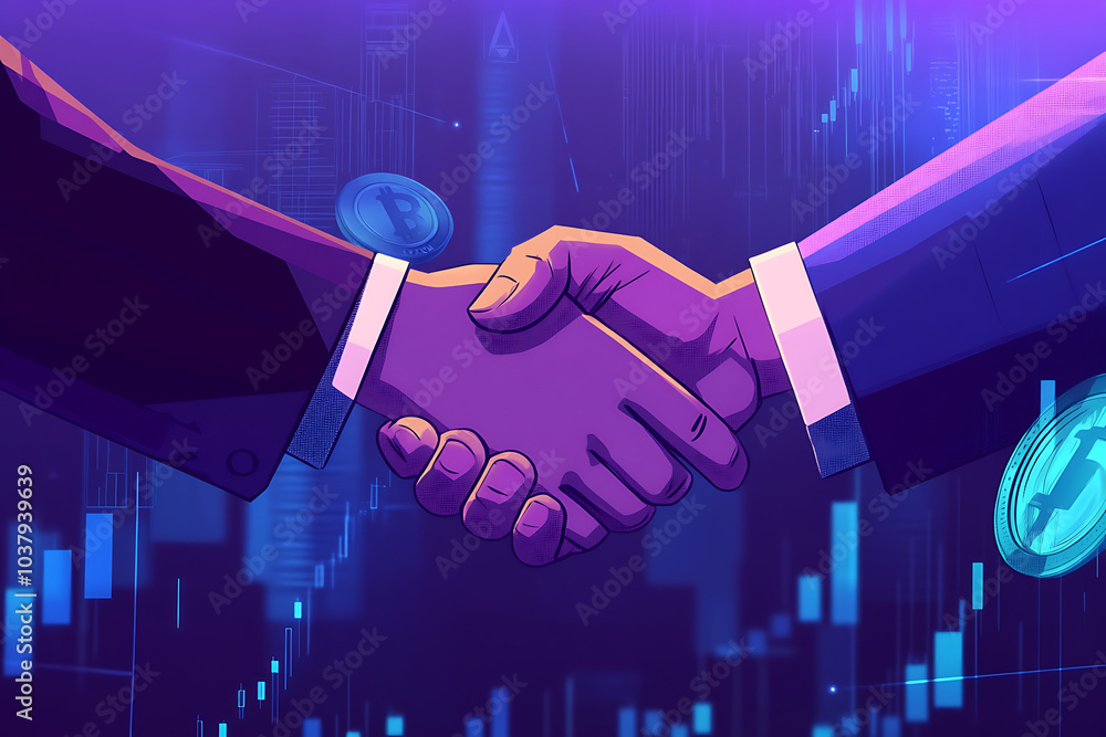Poster a handshake symbolizing partnership in a digital finance context with graphs and coins.