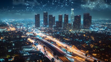 Fototapeta premium Network and connection technology concept with Downtown Los Angeles at night. 