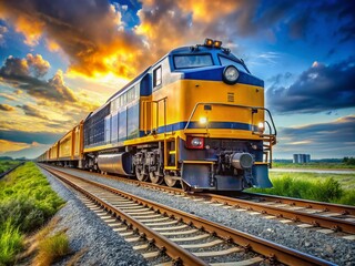 Obraz premium The powerful diesel locomotive thunders across the tracks, vividly illustrating the mighty strength and energy of