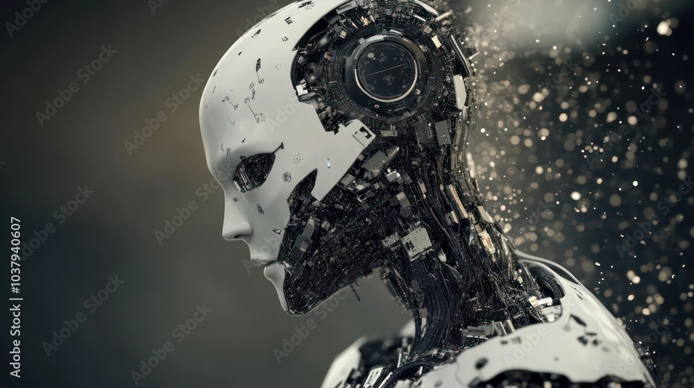 Aufkleber a robot with a face made of metal and wires