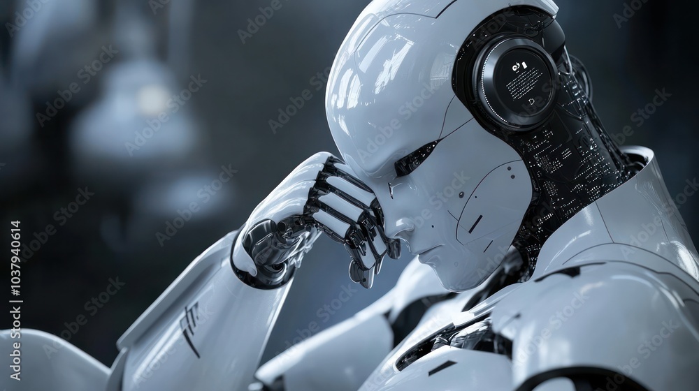 Aufkleber a robot is sitting on a chair and looking down