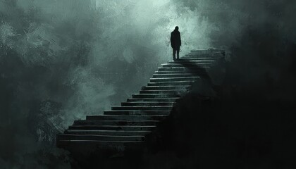 Journey into the unknown shown by a shadowy figure ascending a dark staircase.