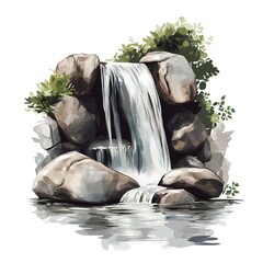 Waterfall and rocks clipart, nature element, vector design, muted tones, isolated on white background  