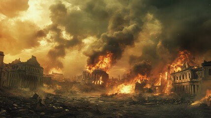 Fototapeta premium A city is on fire with buildings in the background