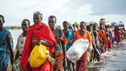 A group of women are walking through water, some of them carrying bags