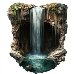 Waterfall in a cave clipart, hidden nature element, moody lighting, isolated on white background 