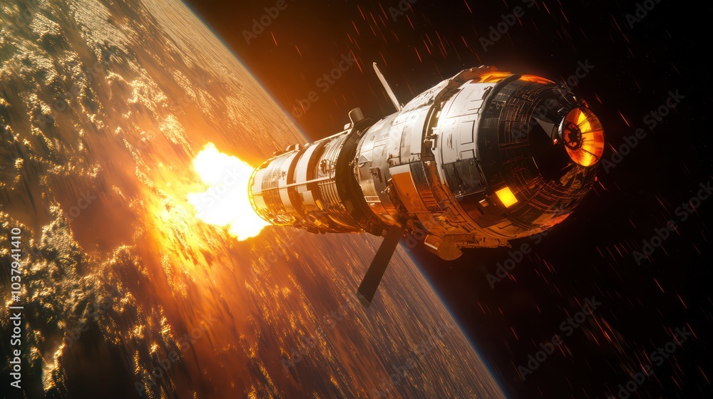 Poster a rocket is flying through space with a fire trail behind it