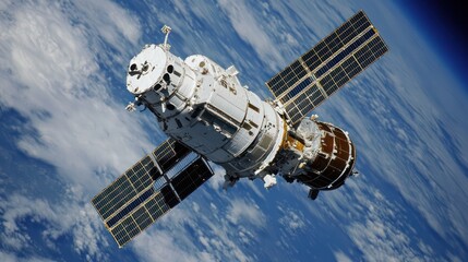 Obraz premium A satellite is flying in the sky above the earth