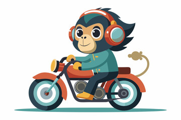 Monkey rides a motorcycle and listens to music with headphones white background