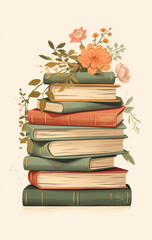 Books, flowers and plants painted in retro colors.