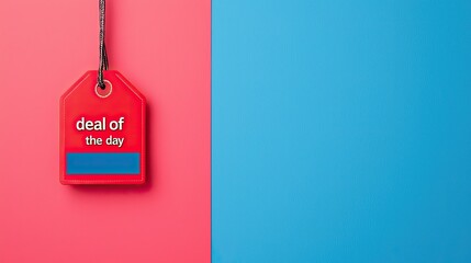 A vibrant tag reading "Deal of the Day" hangs against a split background of pink and blue, emphasizing promotional offers and discounts.