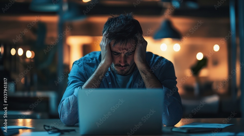 Poster a man is sitting at a table with a laptop in front of him