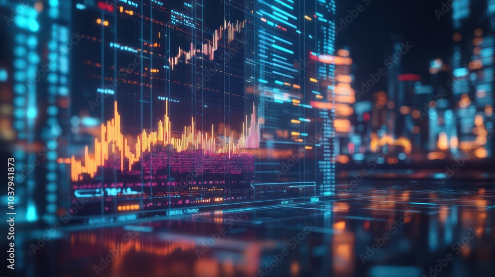 Poster A city skyline with a large screen displaying a graph of stock prices