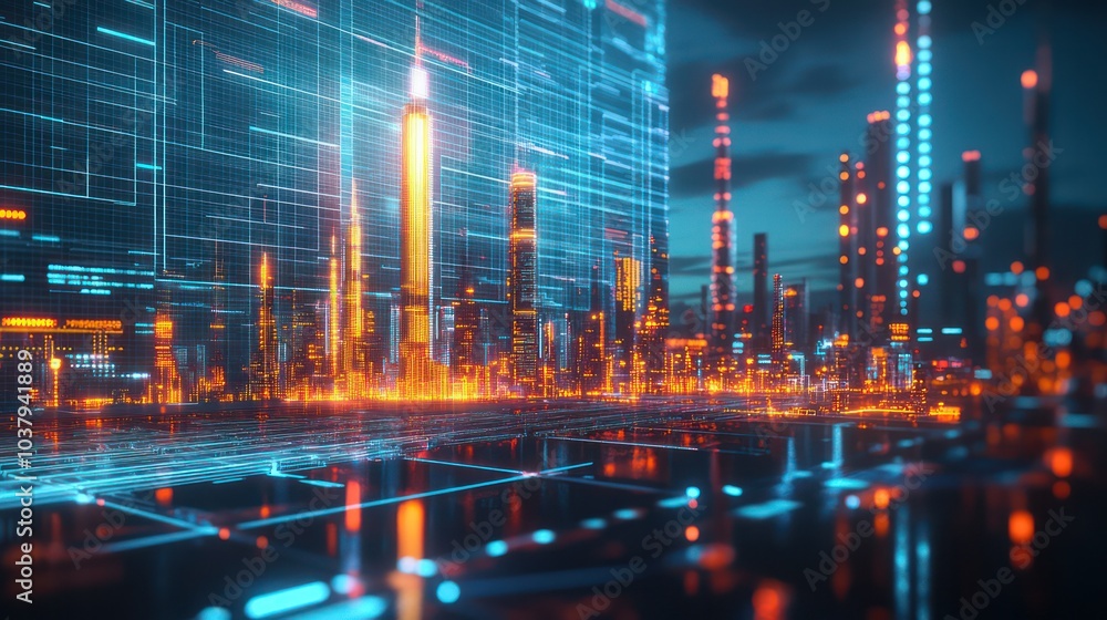 Poster a cityscape with a tall building in the middle