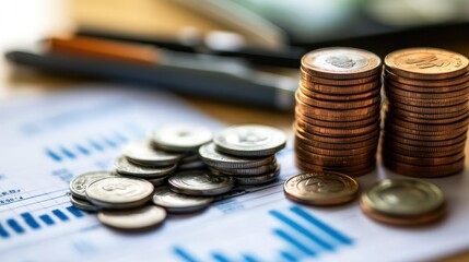 A pile of coins and a stack of paper with graphs