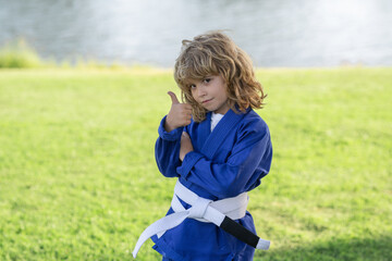 Little karate fighter. Kid boy practicing sport outdoor. Sport karate kids fighter. Little boy wearing kimono doing karate fight in park. Child sport fighting. Little karate fighter. Child sport.