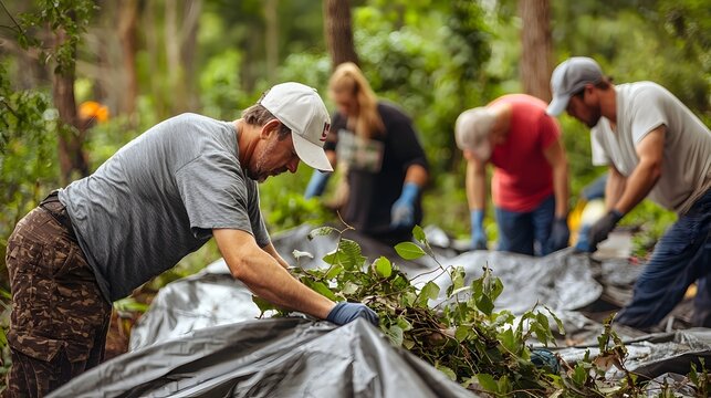 Volunteers Collaborating to Clean Up Storm Debris in Nature Park