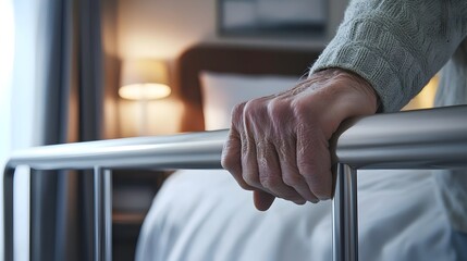 Elderly Man's Secure Grip on Bed Rail in Peaceful Bedroom Interior