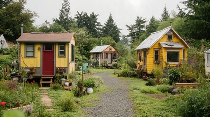 Fototapeta premium Three small yellow houses are in a yard with a gravel path in between them
