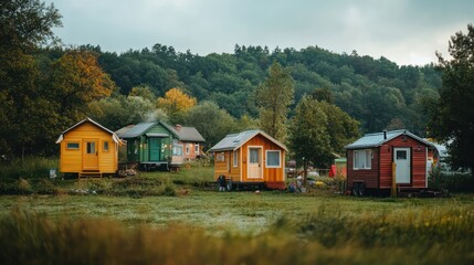 Fototapeta premium A row of small houses are lined up in a field