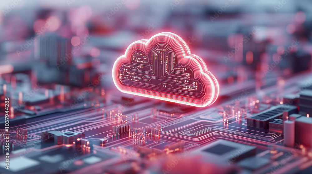 Poster a digital cloud hovers over a futuristic circuit board, symbolizing cloud computing technology integ