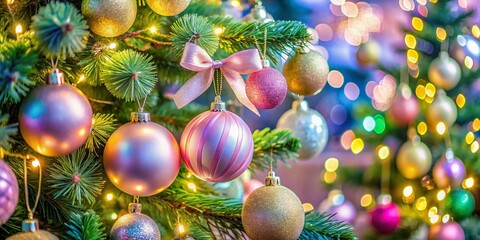 This enchanting Christmas tree boasts pastel baubles, delicate ribbons, and sparkling lights, all coming together to