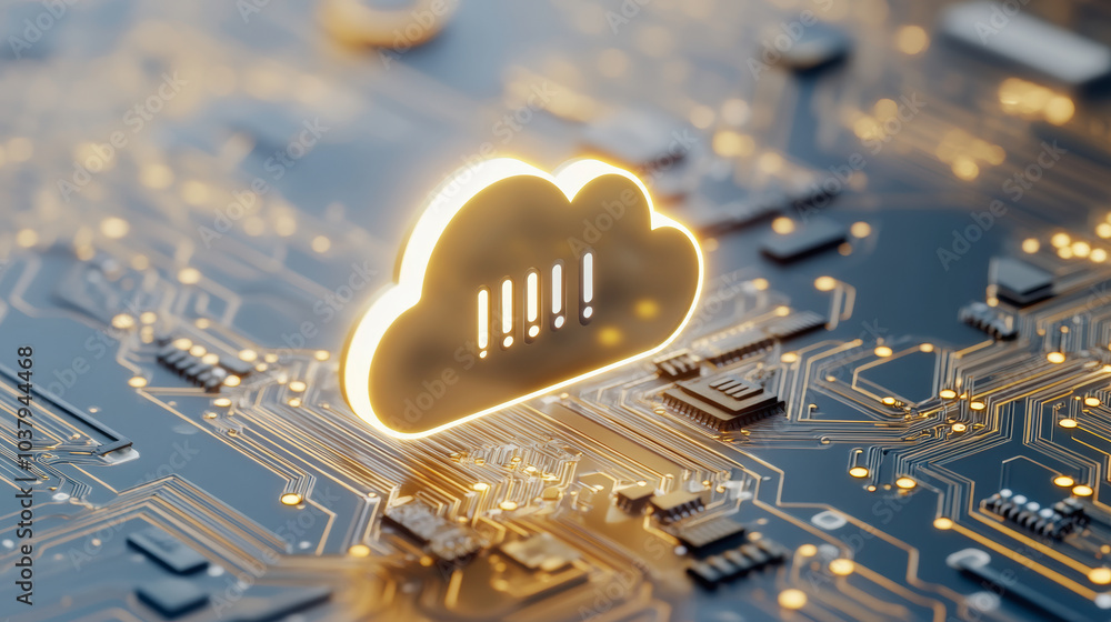 Poster a glowing cloud icon symbolizing online connectivity hovers over a detailed circuit board, represent