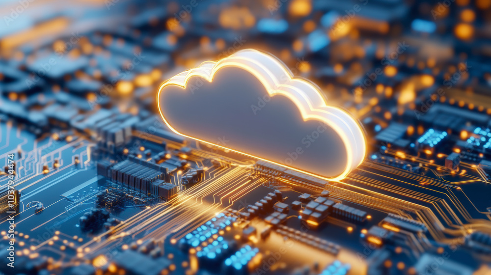 Poster a glowing cloud symbol hovers above a circuit board, representing digital cloud technology and conne