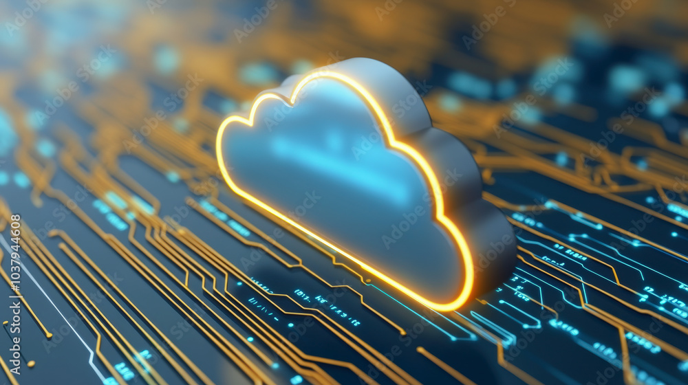 Poster a glowing cloud icon hovers above a detailed digital circuit board, representing cloud computing and