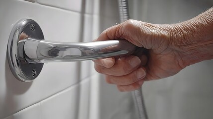 Elderly Person's Hand Holding Bathroom Grab Bar for Senior Safety and Support