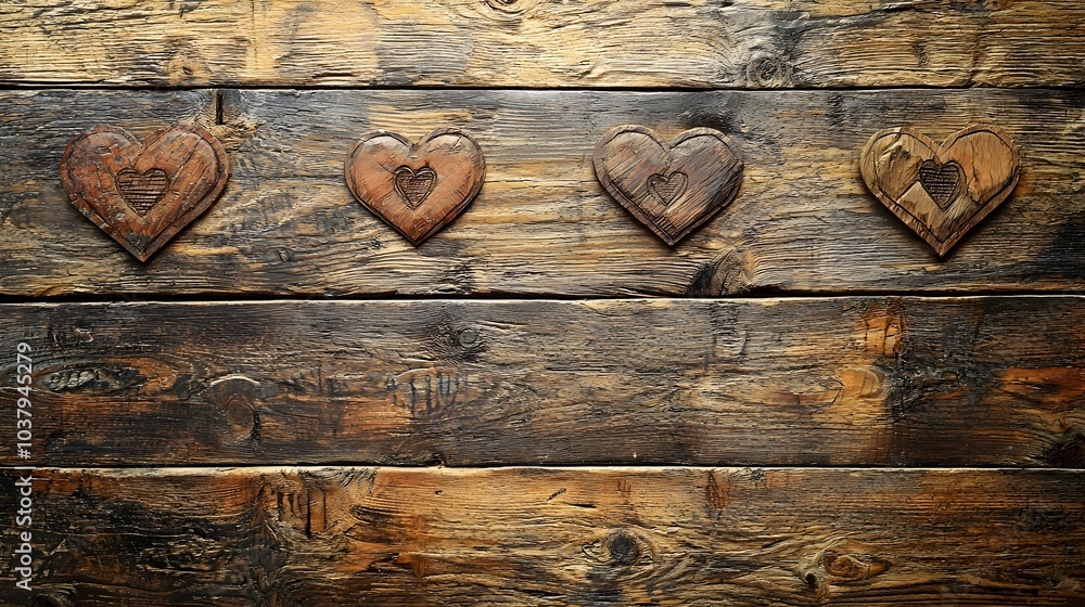 Poster rustic wooden planks with carved heart designs and empty space for text or graphics
