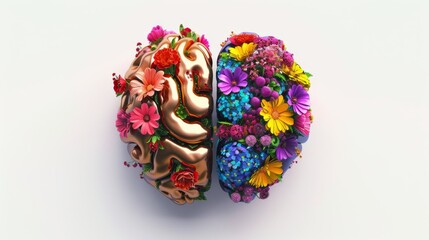a human brain and heart, each half covered in vibrant floral patterns