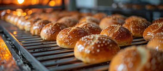 Close-up of freshly baked, golden brown bread rolls on a conveyor belt in a bakery.