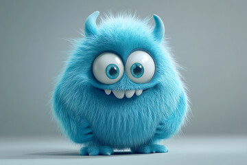 Fototapeta premium A cute, fluffy blue monster with big eyes and a friendly smile.